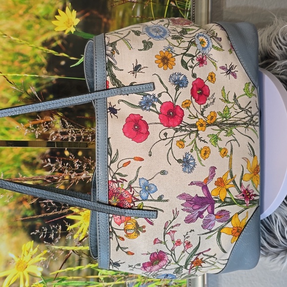 Gucci Floral Canvas Tote Blue Leather Trim Botanical Print Shoulder Bag W/COA - Picture 3 of 15